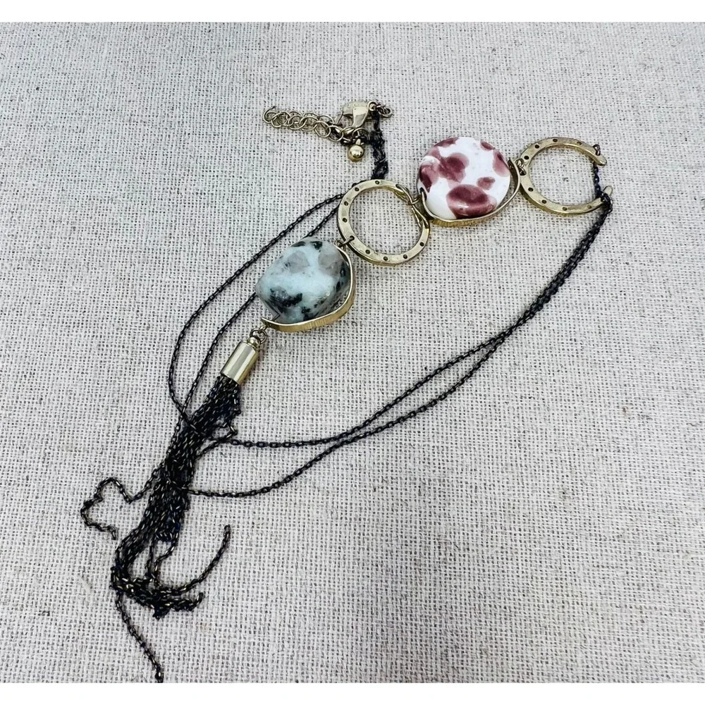 Oliver Bonas Mixed Stone and Tassel Long Pendant Necklace Gold Blue Pink